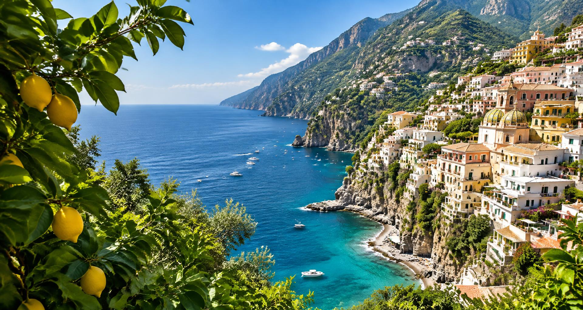 Vista da costa italiana, com mar azul e casas coloridas nas encostas de Positano